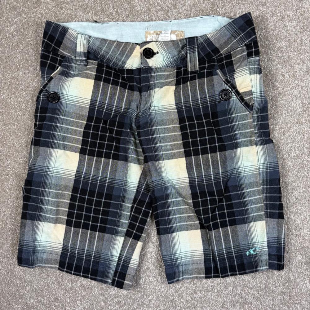 O'Neill Womens Vintage Plaid Shorts Black Cotton Size 1 Boardshorts Surf Y2K